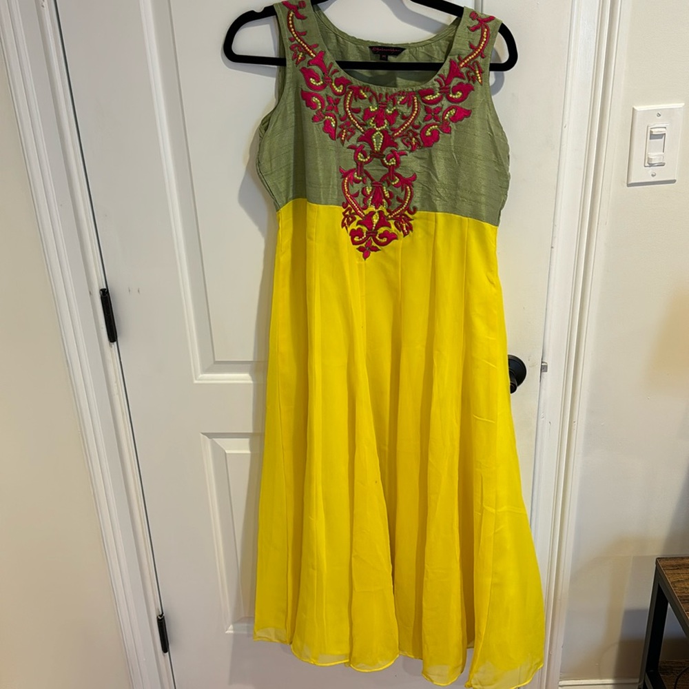 Yellow and green anarkali styled Indian kurta with matching leggings